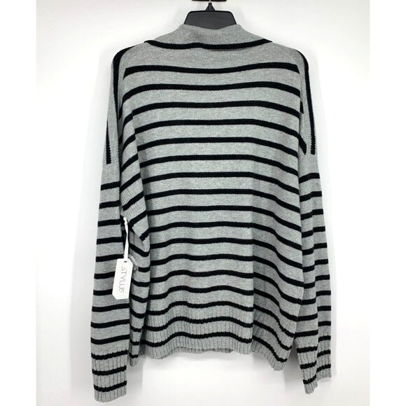 Stylus Sweater Gray Black Stripe V Neck Long Sleeve Pullover NWT - Picture 9 of 12